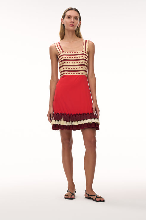 Micaela Linen Mini Dress / Red Stripes & Handmade Wine Tassels